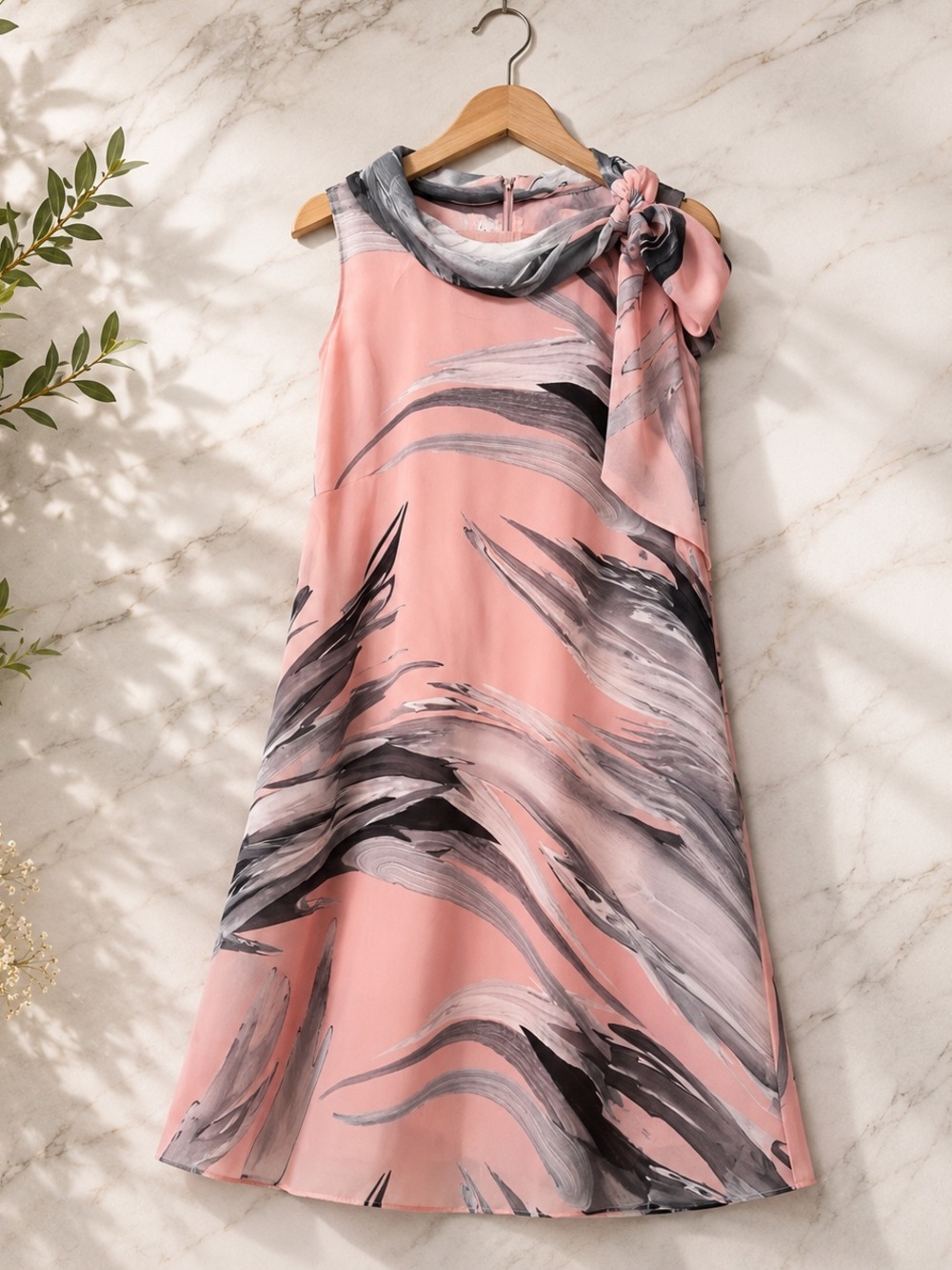 Signature by Robbie Bee Blush Pink Abstract Print Tie Shoulder Shift Dress - Picture 2 of 14